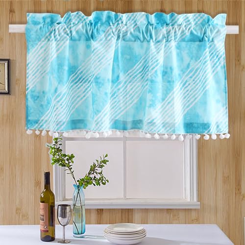 Image of Ravaiyaa - Attitude is everything Hand Printed Half Window Kitchen Curtain 100% Cotton Short Drapery Valance Curtain 40 inch X 18 inch Inch (Blue Tie Dye Stripe)