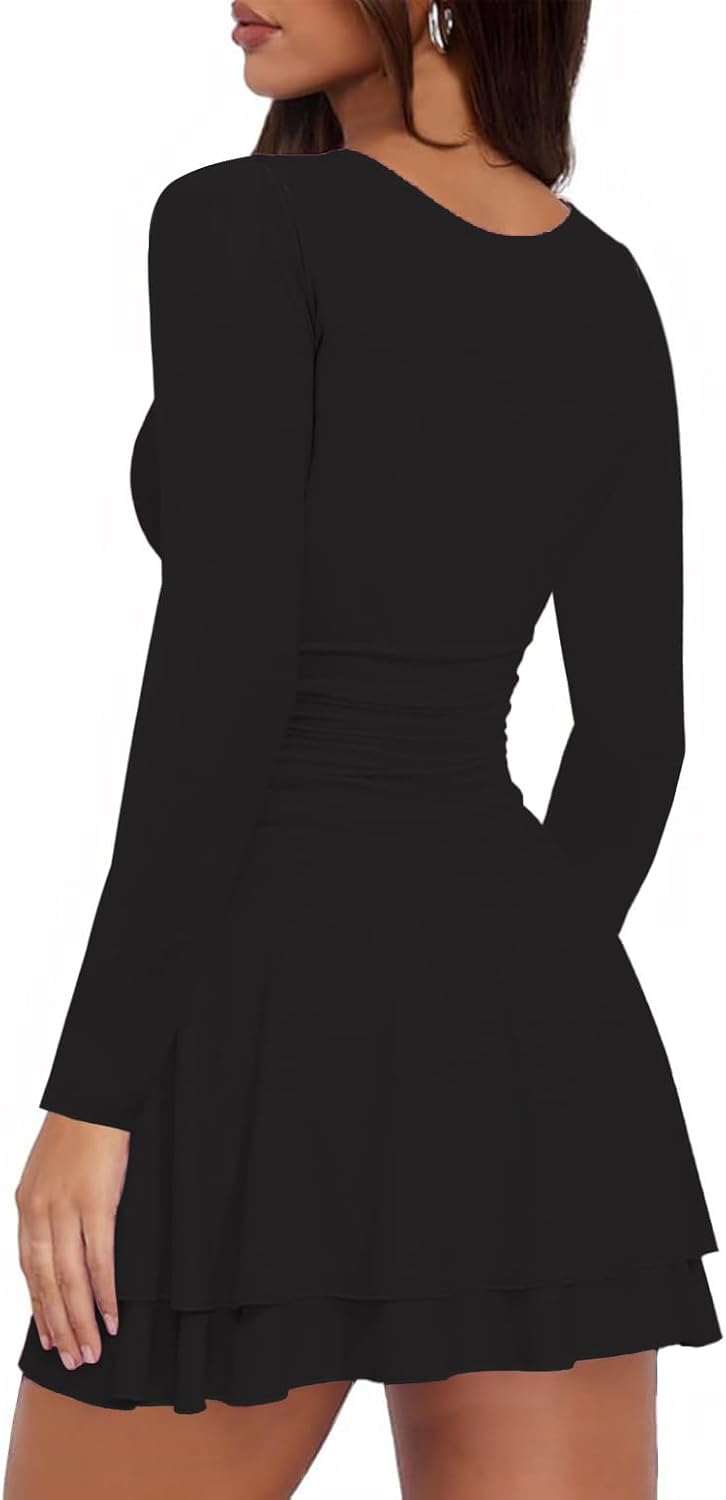 Women's Square Neck Mini Dress Long Sleeve Ruffle Hem Corset Ruched Waist Short Party Dresses - Image 2