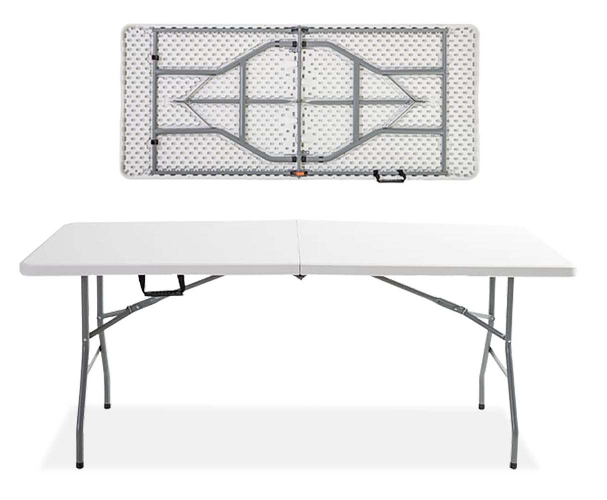 AAMEN Outdoor Foldable Table 6ft, Indoor Folding Camping Table, Plastic Outdoor Folding Picnic Table, Indoor Outdoor Garden Catering Folding Table Great for Garden, Patio, Dining, BBQ, Party (White)