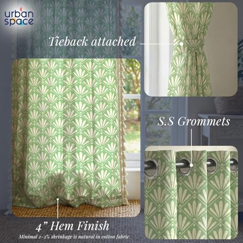 Image of Urban Space Boho Decorative Curtain for Long Door, 100% Cotton Curtain 8 Feet Long, 1 piece Curtain with Tassels, 60-65% Room Darkening with Tieback and Eyelets (Amaya Sage Green, 8 Feet)