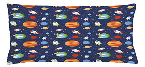 Lunarable Outer Space Throw Pillow Cushion Cover, Planets and Space Ships in Comic Form on a Night Blue Space Stars Space Routes, Decorative Rectangle Accent Pillow Case, 36