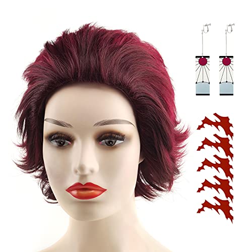 Tanjiro Cosplay Wig Demon Slayer Cosplay Wig with Earrings + 5pcs Tattoo Stickers for Halloween Cosplay Party