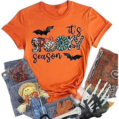 Pumpkin Color Shirts Funny T-Shirt for Halloween Women Novelty Tops Boo Ghost Spooky Season Orange Tees Vampire Lips Shirts (Spooky, X-Large) Cover
