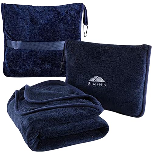 Image of BlueHills Premium Soft Travel Blanket Pillow Airplane Blanket Packed in Soft Bag Pillowcase with Hand Luggage Belt and Backpack Clip, Compact Pack Large Blanket for Any Travel (Navy Blue T002)