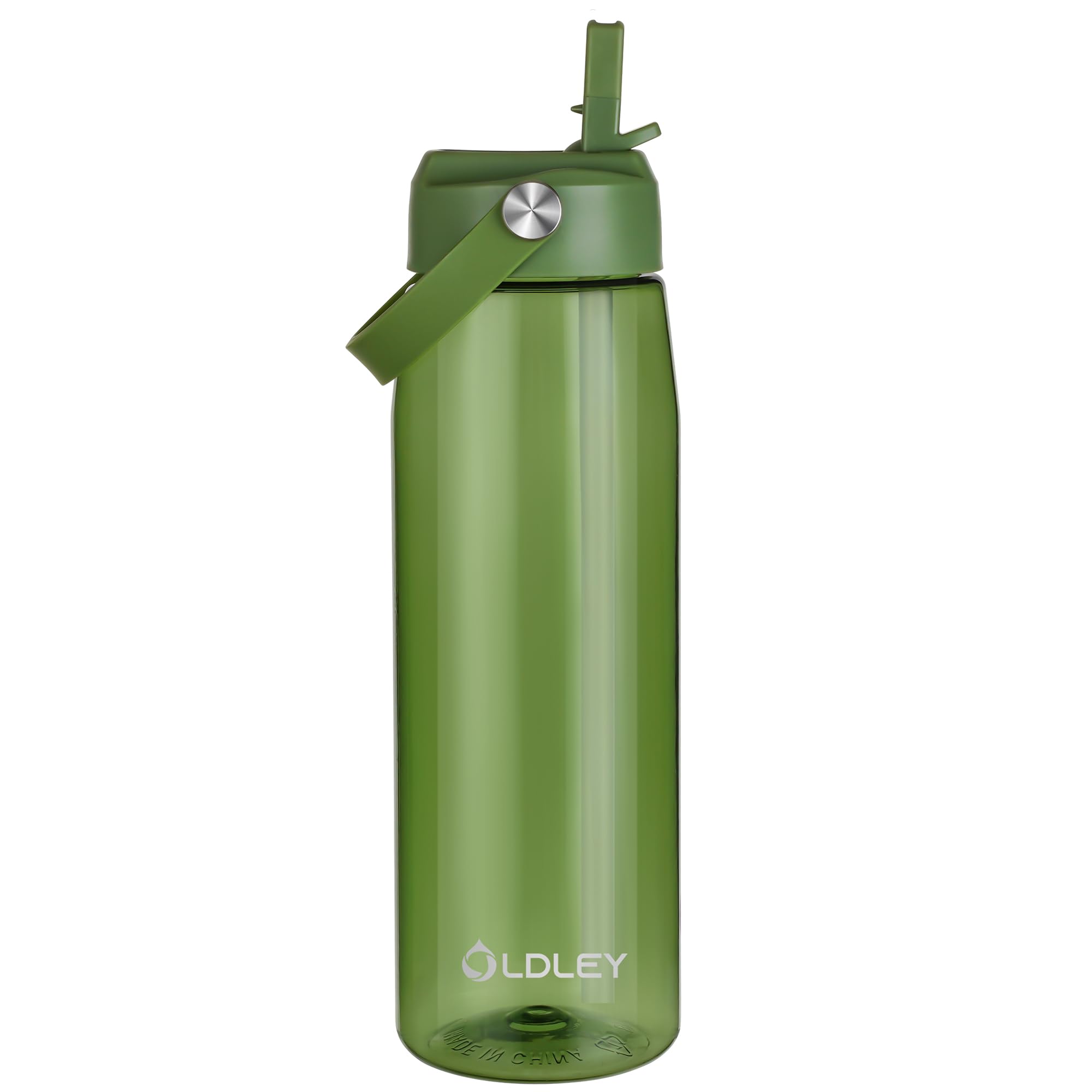 OLDLEY 1000ml/32oz Water Bottle with Straw Tritan 1 Litre Clear Drinks Bottle with Handle BPA Free Leakproof Reusable Large Sports Bottle for Gym, School, Cycling (Army Green)