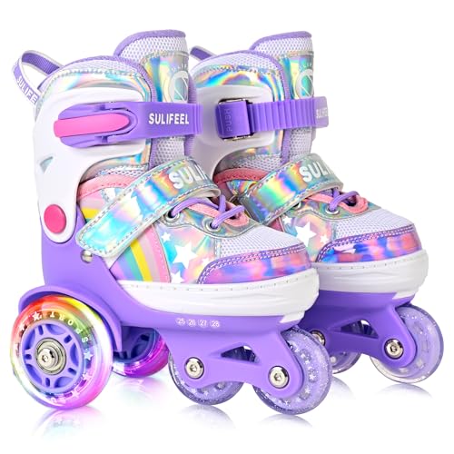 SULIFEEL Rainbow Unicorn 4 Size Adjustable Light up Toddler Roller Skates for Girls and Boys for Toddler Purple X-Small