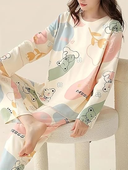 Image of Women's Pajama Set with Top & Pants|| Korean Night Wear|| Loose Fit Home Wear || Lightweight Printed Set || Soft & Comfy Girls & Women