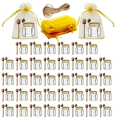 1,5 oz Lot de 40 mini pots à miel en verre hexagonaux avec louches en bois, couvercles dorés, pendentifs abeille, jute, sacs cadeaux dorés – Parfait pour une fête prénatale, des faveurs de mariage