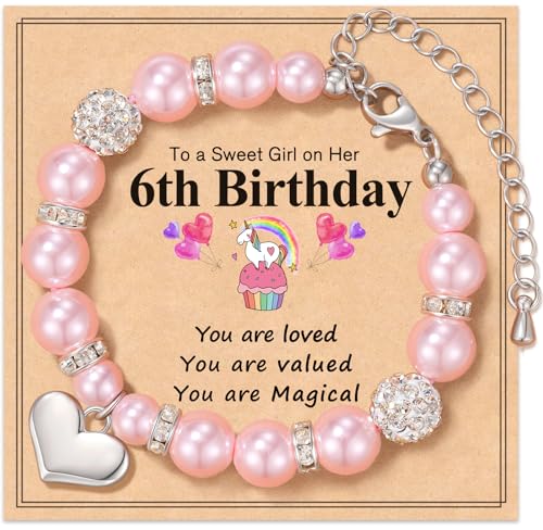 Birthday Gifts for Girls, Adjustable Pink Pearl Bracelet for 4 5 6 7 Year Old Girls, Cute Jewelry Gift for Daughter Granddaughter Niece on Birthday