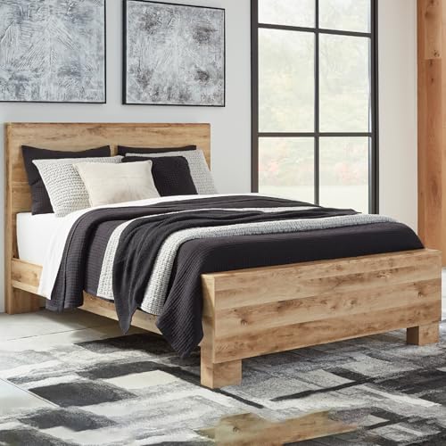 Image of Signature Design by Ashley Hyanna King Size Panel Bed Frame | Engineered wood and decorative laminate, Authentic touch golden oak finish, Foundation required