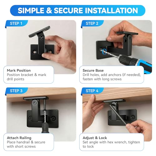 270° Adjustable Stair Handrail Brackets 4 Pack, Heavy Duty Matte Black Wall Mount Brackets for Square Wood Rails & Floating Shelves, Fits 2x4 Wall Stud with Complete Install Hardware by Laysmkit - Image 5