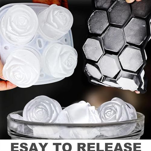 Image of Rose Flower Shape Ice Cube Tray | Silicone Ice Cube Mold | Freezer Ice Maker for Cocktails, Whiskey, Bourbon, Juice | Baking Cup Cakes | Perfect for Home,Restaurants & Bar
