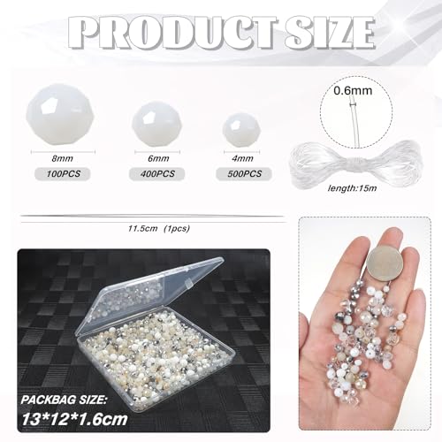 TOAOB 1000pcs Assorted White Crystal Glass Beads Rondelle Faceted Spacer Beads 4mm 6mm 8mm Loose Bead with Elastic Thread and Steel Needle for Bracelets Necklace Earrings Jewelry Making - Image 2