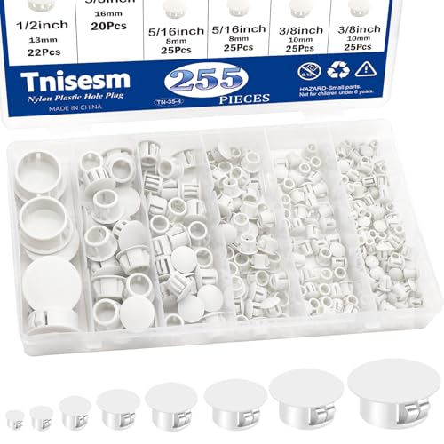 Image of Tnisesm 255Pcs 8 Sizes Nylon Plastic Hole Plugs 1 /4 inch 5 /16 inch 3 /8 inch 1 /2 inch 5 /8 inch 3 /4 inch 7 /8 inch 1 inch Round Drill Hole, Flush Type Panel Knockout Locking Plugs, Screw Covers for Furniture Cabinet Insert End Caps