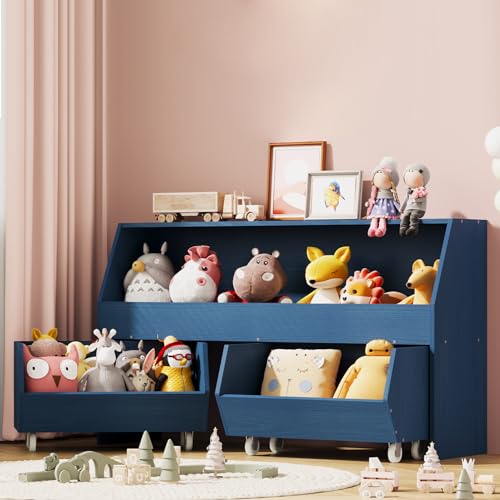 Image of Toy Storage and Organizer for Kid, Boys and Girls Muti-Functional Bookcase and Storage Bin with Moveable Drawers, Children Toddler Storage Carbinet Dark Blue