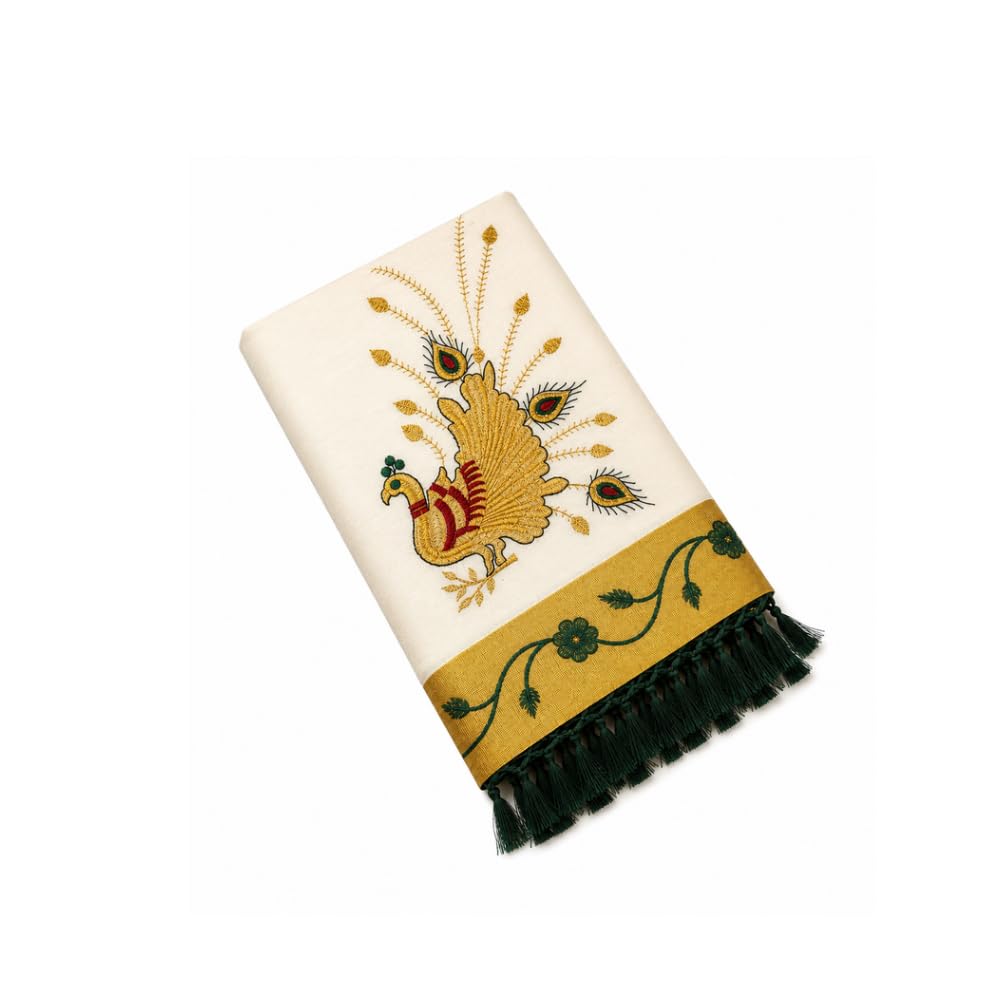 Kerala Kasavu Saree with Peacock Embroidery Golden Zari Border-image-21
