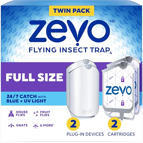 Zevo 2 Flying Insect Traps & 2 Refill Cartridges - Plug in Fly Trap & Indoor Bug Catcher for Gnats, House & Fruit Flies - Blue & UV Light Technology, Mess-Free Alternative to Bug Zapper