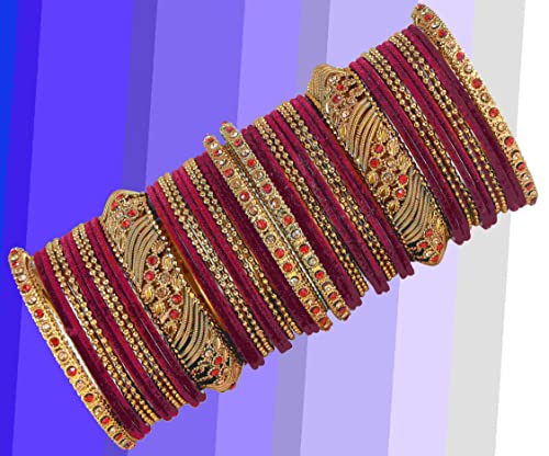 Image of NMII Metal with Zircon Gemstone and Beads Studded Ball Chain Linked Glossy Finished Velvet Bangles Chuda set for Women and Girls