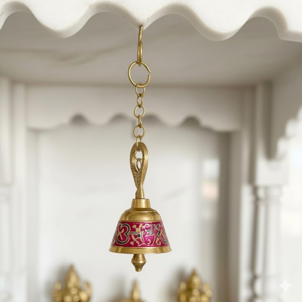 Pure Brass Hanging Bell with Chain for Temple Door & Home Décor | 8 cm Tall, 125g | Decorative Mandir Ringing Ghanti-image-24