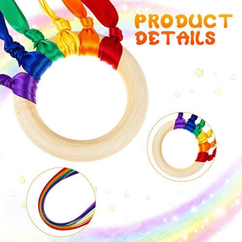 Image of Junkin Ribbon Rings Hand Kite Waldorf Toys Dancing Wrist Ribbons Rainbow Streamers with Wood Ring Educational Toy for Playroom Dancing Birthday Party Gift(Bright Color,24 Pcs)