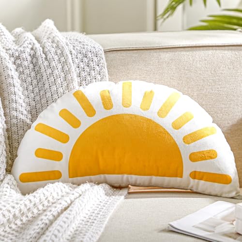 Newwiee Sunshine Throw Pillow for Classroom Reading Corner Boho Yellow Sun Pillow Back to School Decor Velvet Semicircular Cushion for Book Nook Student Dorm Room Cozy Reading Spot 15.75 x 9.84 Inch