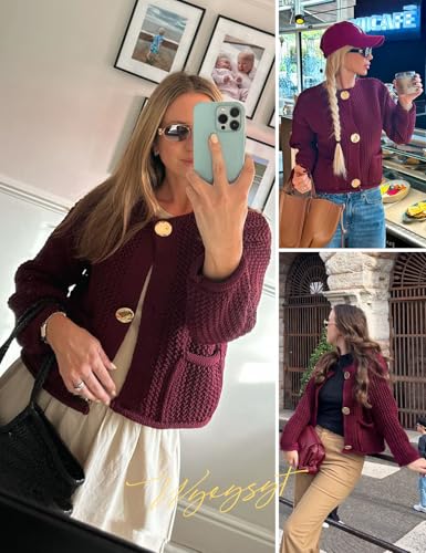 Image of Wyeysyt Womens Cropped Cardigan Sweaters Chunky Knit Gold Button Down Open Front Cardigan Long Sleeve Crop Crochet Sweaters