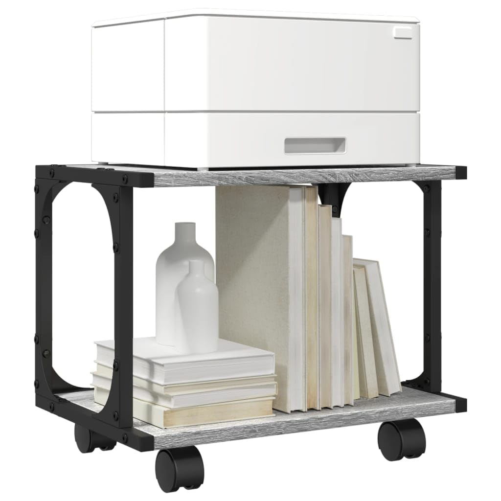 Soporte para impresora enrollable con 2 estantes en roble Sonoma, 41 x 28 x 33,5 cm, mueble de oficina con 2 estantes y ruedas, mesa de impresora con ruedas para uso flexible