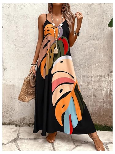 Image of GORGLITTER Women's Sleeveless V Neck Oversized Maxi Long Dress Boho Bump Friendly Graphic Casual Beach Flowy Sun Dress