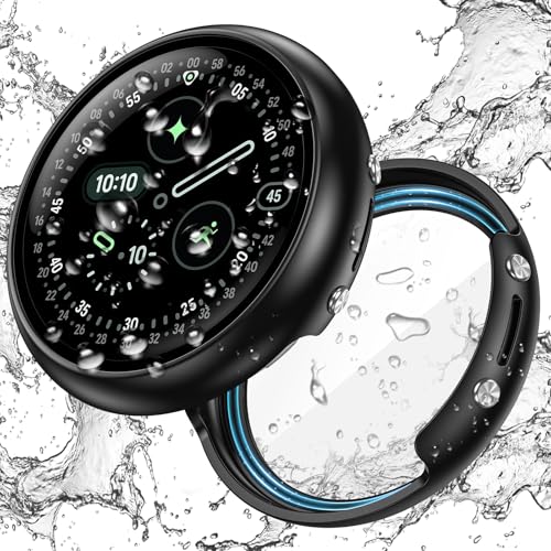 Goton Waterproof Case for Google Pixel Watch 4 45mm Screen Protector Direct Charging Hard PC Slim Face Cover Bumper High Sensitive for Google Pixel Watch 4 45mm Black