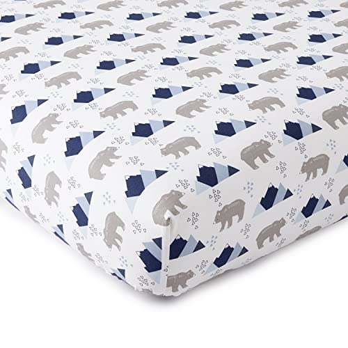 Image of Levtex Baby - Trail Mix Crib Fitted Sheet - Fits Standard Crib and Toddler Mattress - Tossed Bears and Moutains - Blue, Grey and White - Nursery Accessories - 100% Cotton