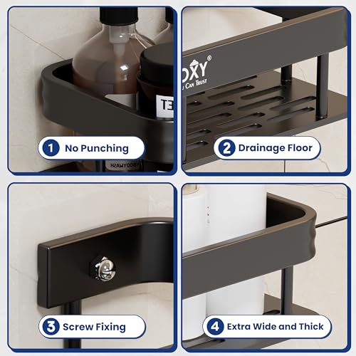 Image of GLOXY Combo Pack of 3 Black Self-Adhesive Bathroom Shelf Caddy - Bathroom Organiser Without Drill - Heavy Duty Aluminium Toiletries Storage Rack - Wall Mounted Shelf for Bathroom & Kitchen
