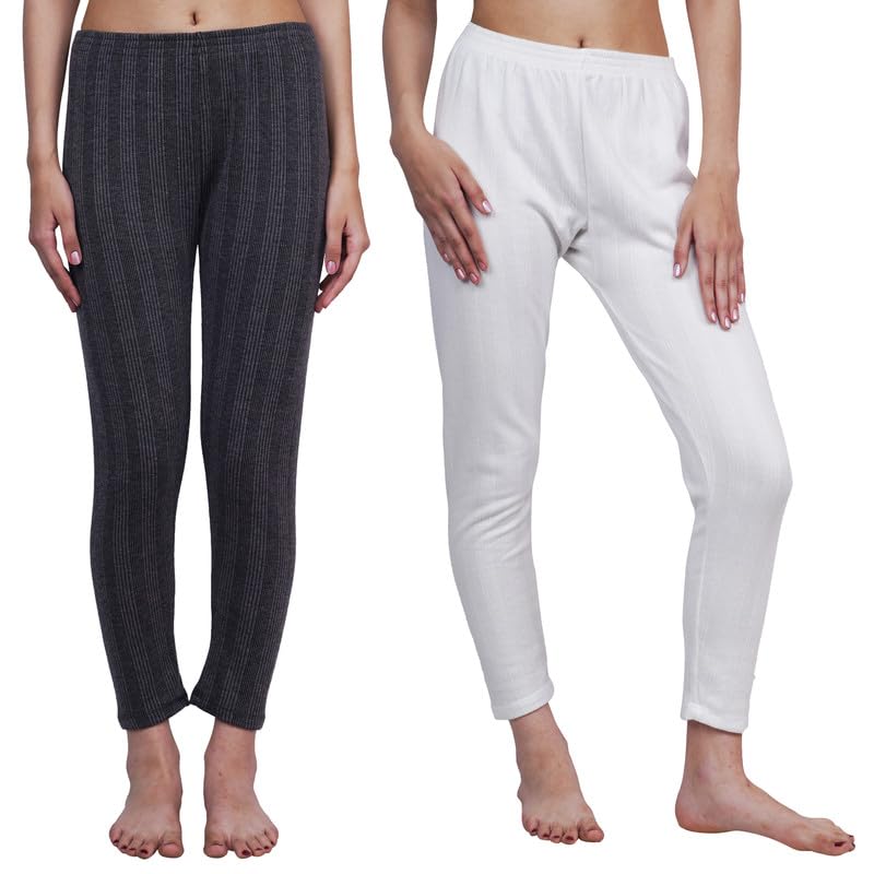 Women Thermal Pajama Combo Dark Grey White Soft Cotton Blend Bottom Wear Warm Inner Pajama Comfortable Stretchable Winter Thermal Innerwear for Ladies Daily Cold Weather Protection