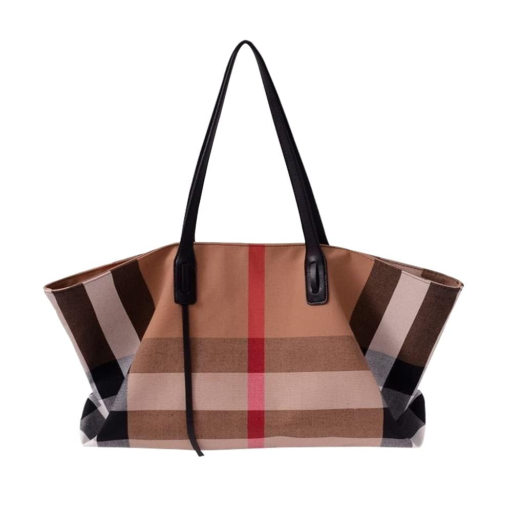 Designer Inspired Plaid Tote Bag for Women Canvas Work Tote Bag with Zipper Large Travel Tote Purse for