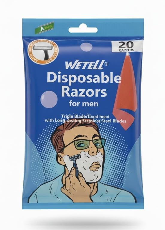 Image of WETELL Men's Disposable Razors, Triple Blade Shaving Razors with Fixed Head and Stainless Steel Blades, Smooth Shave, 20 Pack (WT2907)