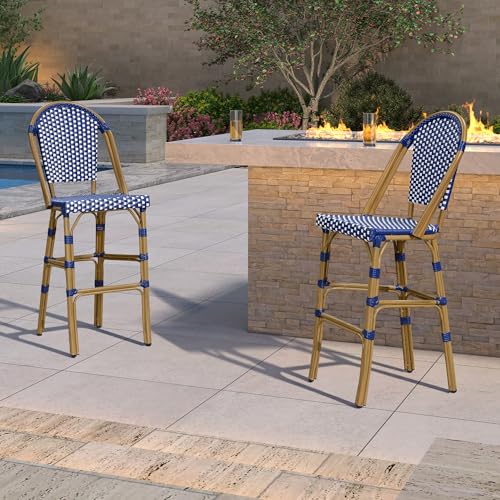 Image of PURPLE LEAF French Bar Stool Set of 4 Bamboo Print Finish Patio Bar Stools with Back Rattan Bar Chairs Wicker Bar Height Stool 30 inch with Footrest Kitchen Island Stools Outdoor Barstool Royal Blue