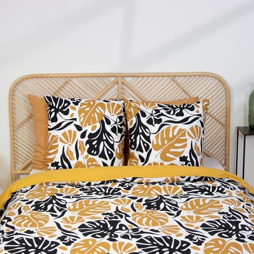 CÔTE DECO Parure de Lit Adulte - Housse de Couette 220x240 cm + 2 Taies d'oreiller 63x63 cm - 100% Coton Motif Tropical Noir et Jaune - 3 Pièces