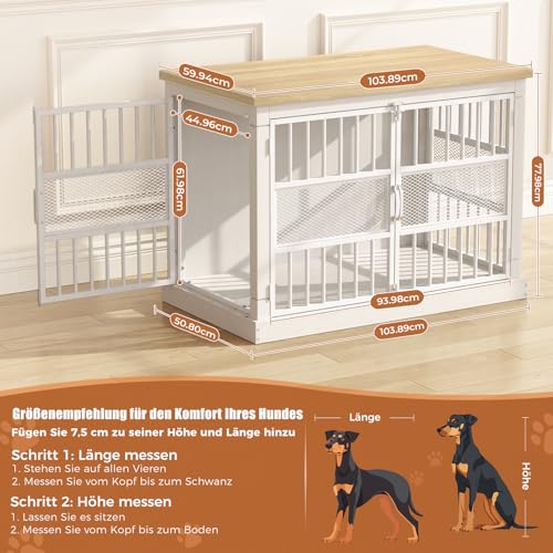 Hundekäfig Möbel, 104 cm Großer Hundebox für den Hausgebrauch, Modernes Indoor Holz-Hundekäfig, Doppel-Tür-Design, Bissfest, Geeignet für Kleine/Mittelgroße/Große Hunde, Weiß, 104x51x78 cm