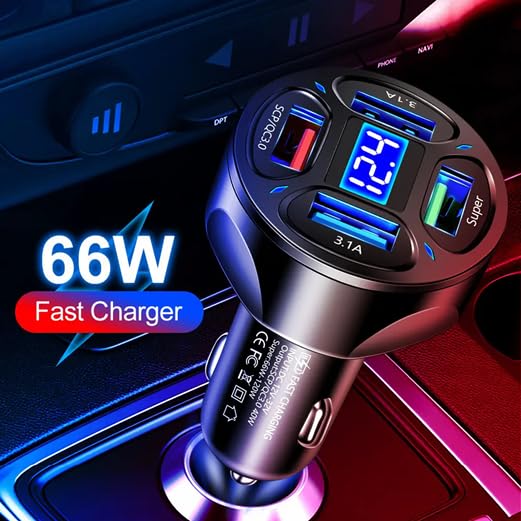 Image of 66W 4 Ports: USB Cigarette Lighter Adapter,Super Port Voltage Monitor LED Display Fast Charging Cigarette Adapter. Compatible with iPhone Series, Samsung Devices Google Pixel (Black)