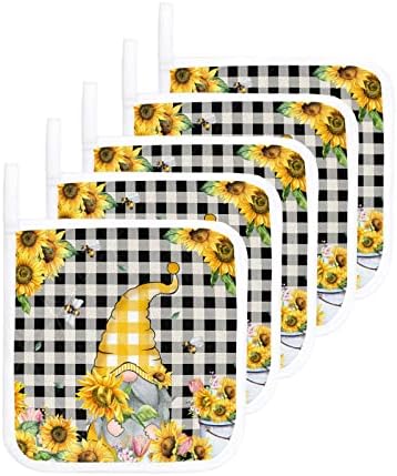 Gnome Pot Holders Set of 5 with Loop, Heat Proof Potholders Kitchen Oven Hot Pads for Cooking Baking Grilling, Well Heat Insulation Nice Quality, Yellow Plaid Hat Gnome with Sunflower Tulip Flowers