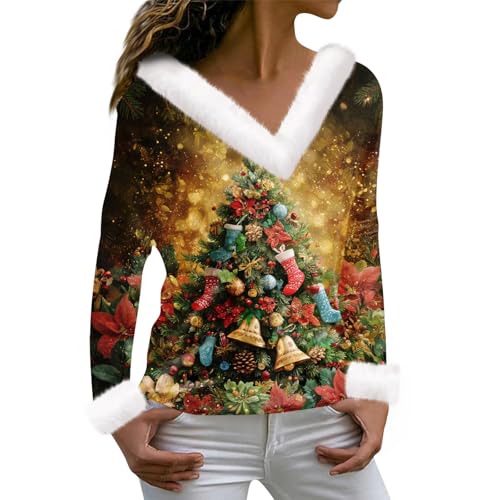 Camisolas natalícias mulher, manga comprida Ugly inverno Christmas Sweater, tamanho grande original divertido Oversize Jersey Natal, Dourado, 3XL