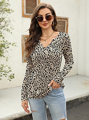 Image of Womens Leopard Waffle Knit V Neck Sweatshirt Tops Casual Long Sleeve Pullover Sweater Shirts