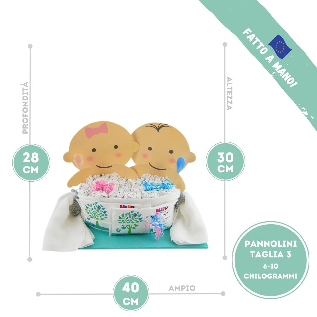 myBambini® Torta di pannolini per gemelli - bambino - bambino e bambina - regalo di nascita - baby shower - bambino - baby shower - gemelli (bambina/ragazzo)