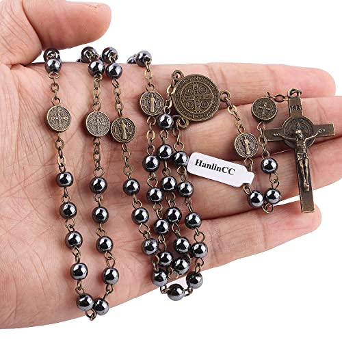 HanlinCC 6mm Hematite Black Stone Beads with Anti-Bronze Saint Benedict Center Piece Medal and Crucifix Catholic Rosary Necklace for Men and Women with Metal Gold Catholic Rosary Gift Box3