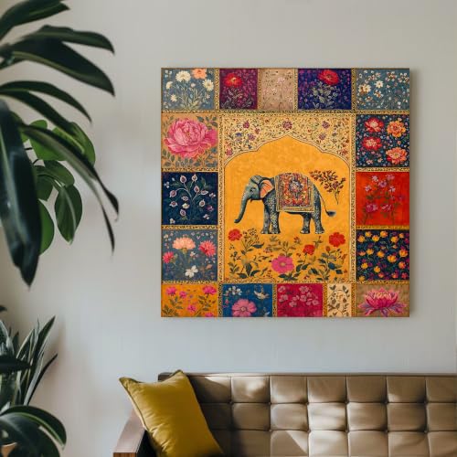 Image of PAINTINGMANTRA Elephant Vastu Madhubani Canvas Wall Painting for Living Room | Ethnic Indian Elephant Wall Art for Home Decor | Office Size : 22x22 inch Gallary Wraped