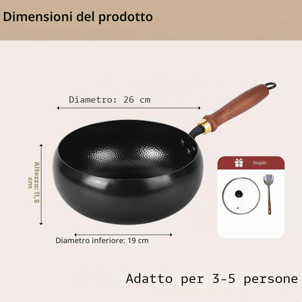 pentola wok in ghisa 26 cm, forgiatura tradizionale, non rivestita | antiaderente naturale, resistente e antiruggine, compatibile gas e induzione, con coperchio in vetro, design martellato