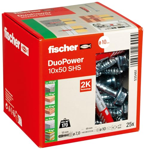 fischer DUOPOWER 10 x 50 S Universaldübel mit Sicherheitsschraube 2-Komponenten Kunststoffdübel zur Befestigung in Beton Ziegeln Stein Gipskarton UVM. 25 Dübel + 25 Schrauben
