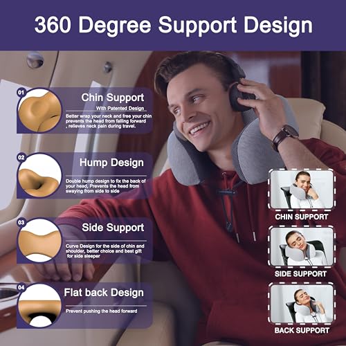 napfun Neck Pillow for Traveling, Upgraded Travel Neck Pillow for Airplane 100% Pure Memory Foam Travel Pillow for Flight Headrest Sleep, Portable Plane Accessories, Light Grey - Image 4