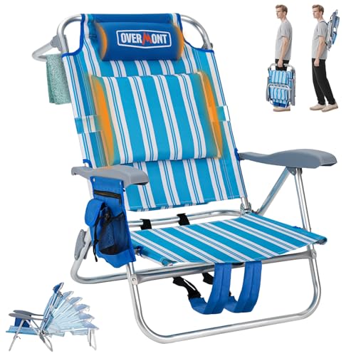 Overmont Low Beach Chair with Cooler Bag - 6-Positions Lay Flat with Ergonomic Armrests- Wide Seat with Lumbar Support, Towel Holder- Heavy-Duty 330lbs Support- Perfect for Summer, Travel & Relaxation
