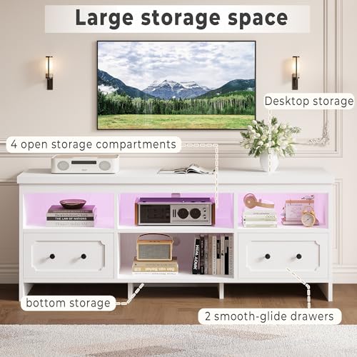 IRONCK TV Stand for 65 Inch TV, 63" LED Entertainment Center with Storage Cabinets, Power Outlets and Open Shelf, Media Console TV Cabinet with Drawers for Living Room, White