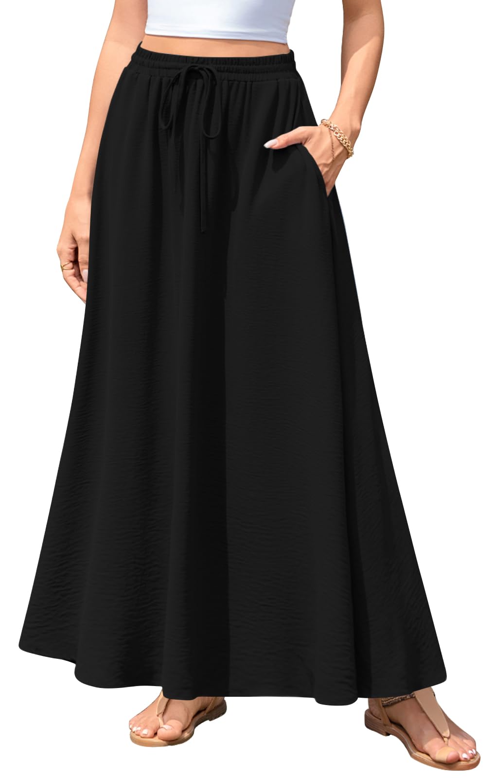 Aodemo Womens Flowy Maxi Skirt Summer Boho Pleated Elastic Waisted Casual Beach Long Skirts with Pockets
